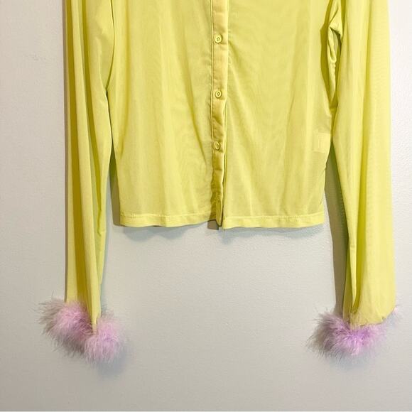Shein Women's Yellow Icon Fuzzy Cuff Sheer Mesh Button-Up Shirt Without Bra XL - Picture 5 of 12